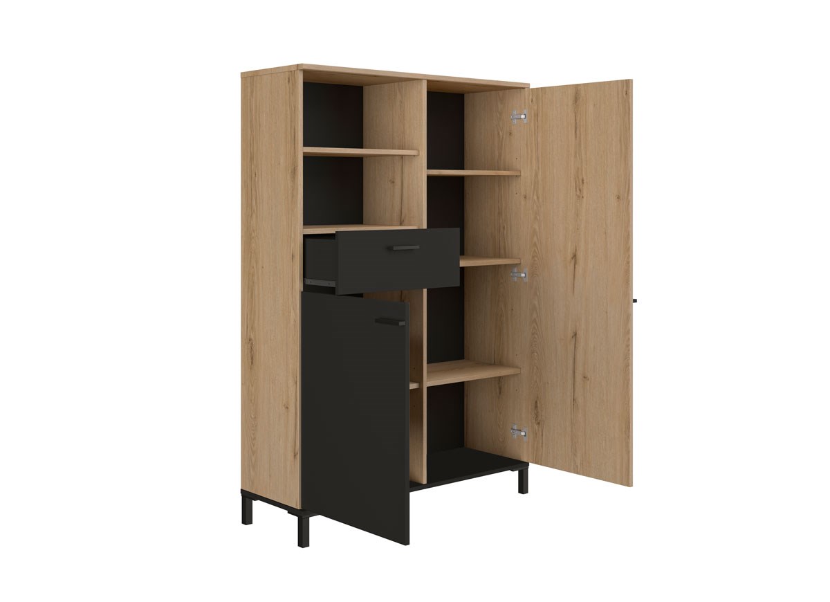 Bar-2-portes-1-tiroir-2-niches-Trust-decor-bois-brun-noir-chene-helvezia-J0J230-102cm-open-Gautier