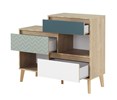 Commode-3-tiroirs-2-niches-Larvik-decor-chene-clair-blanc-bleu-H0L.164-110cm-open-Gautier