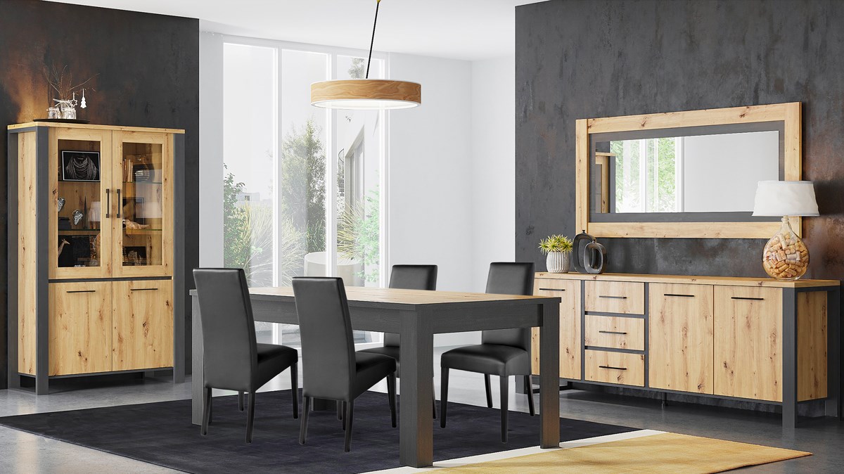 Salle-a-manger- Eden-decor-papier-coloris-jesion-portland-dab-artisan-chaises-roko-noir-Divaco