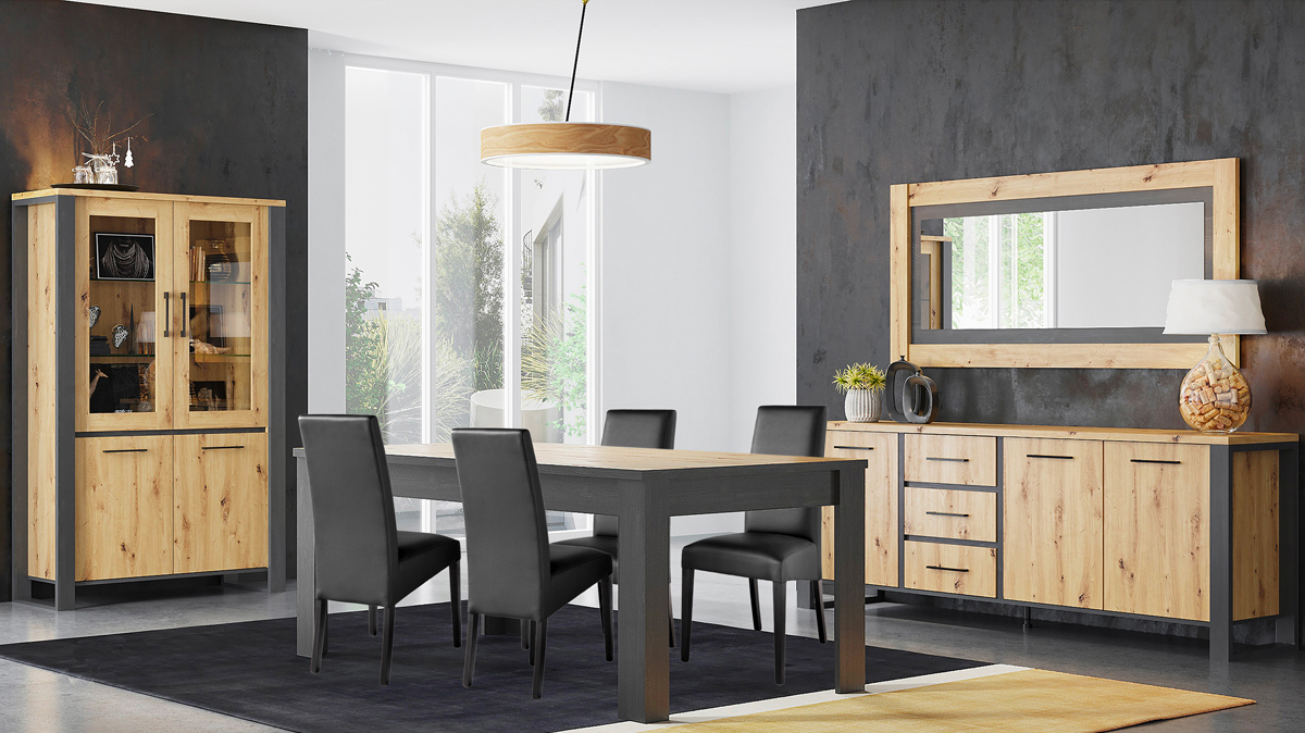 Salle-a-manger- Eden-decor-papier-coloris-jesion-portland-dab-artisan-chaises-roko-noir-Divaco