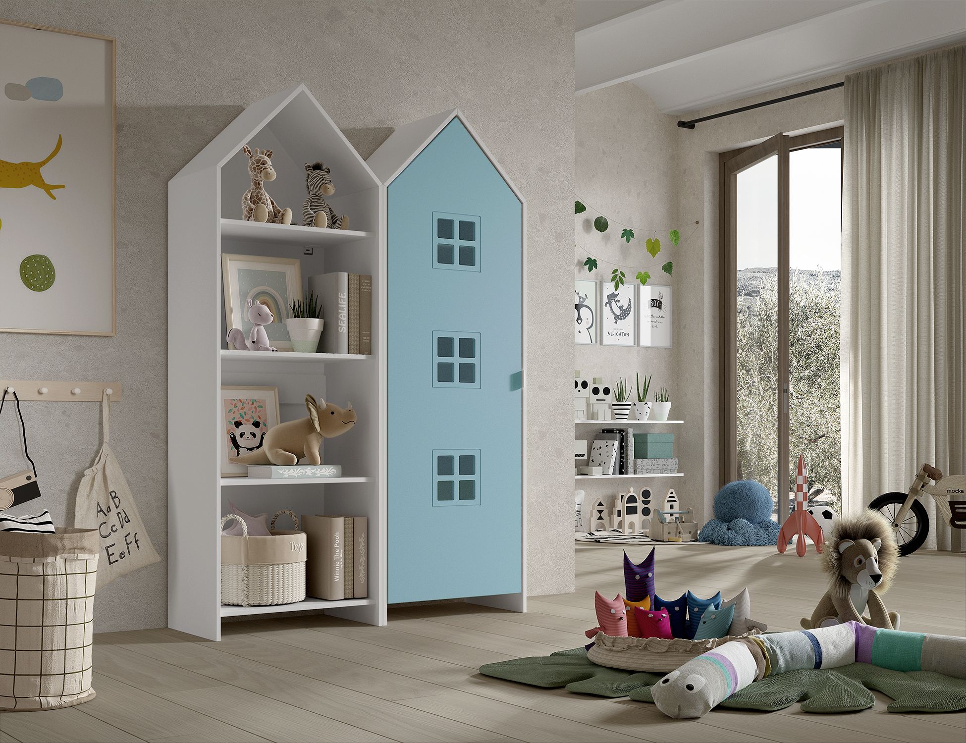 Armoire-1-porte+ bibliotheque-Casami-Bruges-MDF-lanque-bleu-01-Vipack