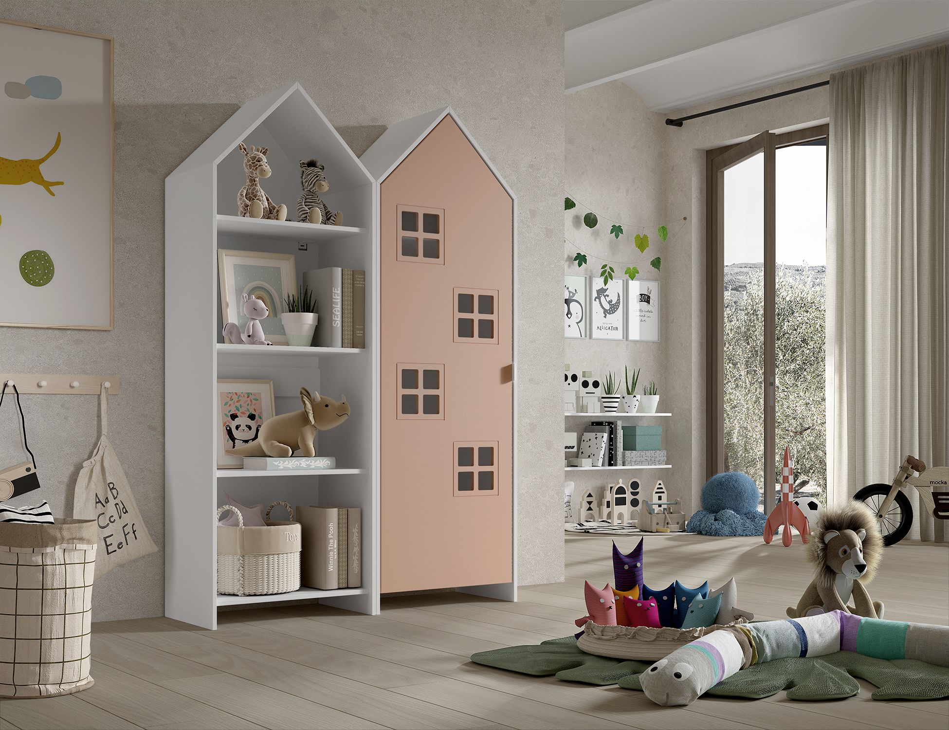 Armoire-1-porte+ bibliotheque-Casami-Bruges-MDF-lanque-rose-01-Vipack