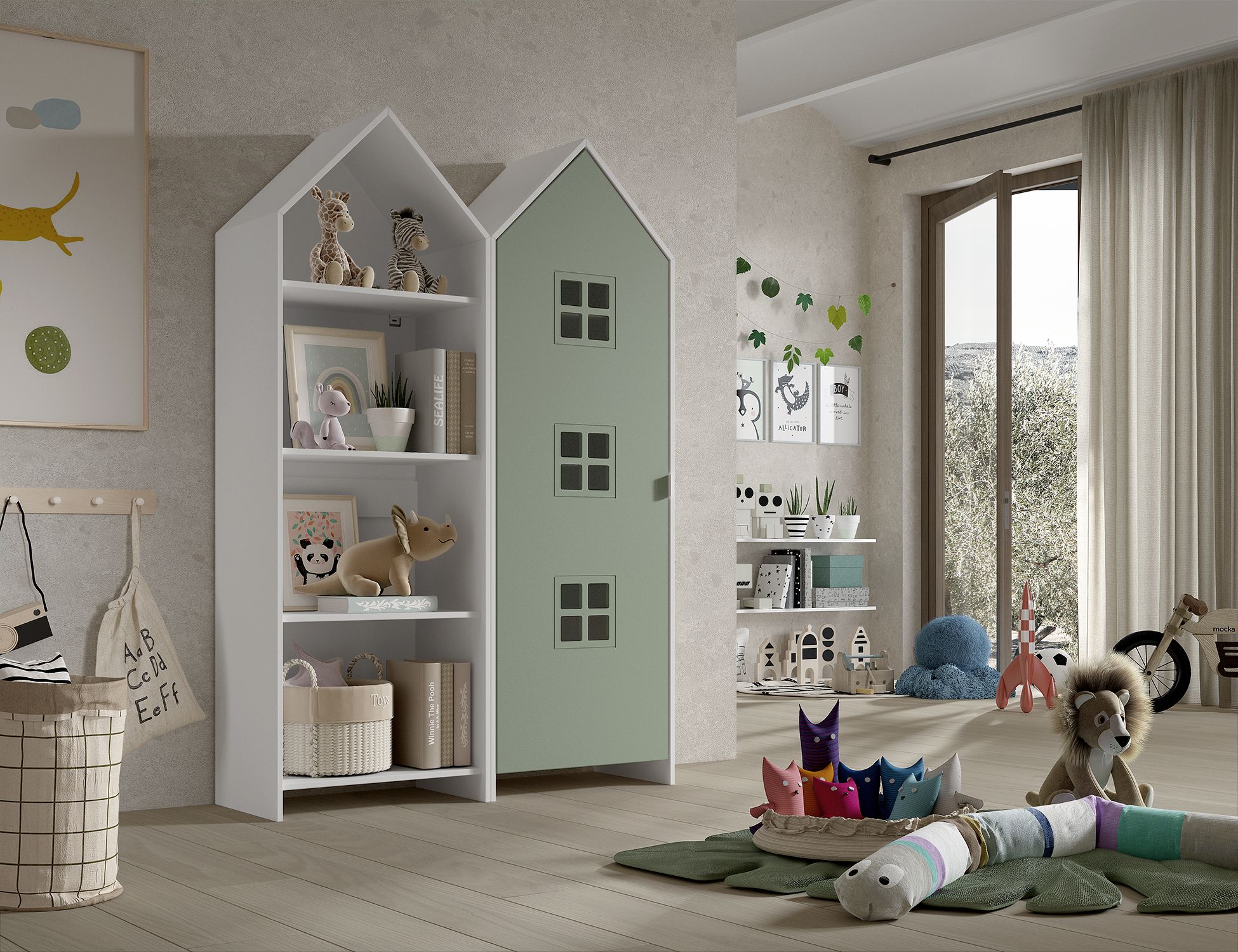 Armoire-1-porte+ bibliotheque-Casami-Bruges-MDF-lanque-vert-01-Vipack