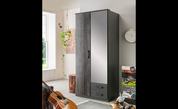 Armoire-2-portes-2-tiroirs-Duisburg-decor-bois-graphite-digisteel-miroir-90cm-T27-210-Wimex