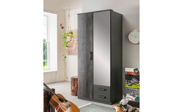 Armoire-2-portes-2-tiroirs-Duisburg-decor-bois-graphite-digisteel-miroir-90cm-T27-210-Wimex