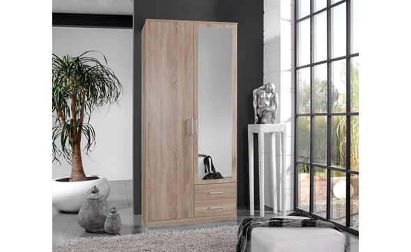 Armoire-2-portes-miroir-2-tiroirs-Osaka-decor-chene-91cm-Wimex