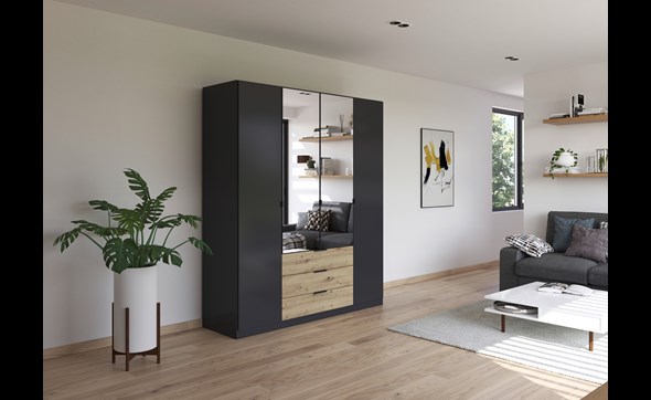 Armoire-2-portes-pleines-2-portes-miroir-3-tiroirs-Davoa-imitation-chene-artisan-gris-metal-5DA8-AG446-Rauch