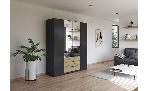 Armoire-2-portes-pleines-2-portes-miroir-3-tiroirs-Davoa-imitation-chene-artisan-gris-metal-5DA8-AG446-Rauch