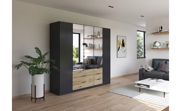 Armoire-2-portes-pleines-3-portes-miroir-6-tiroirs-Davoa-imitation-chene-artisan-gris-metal-00S0-AG446-Rauch