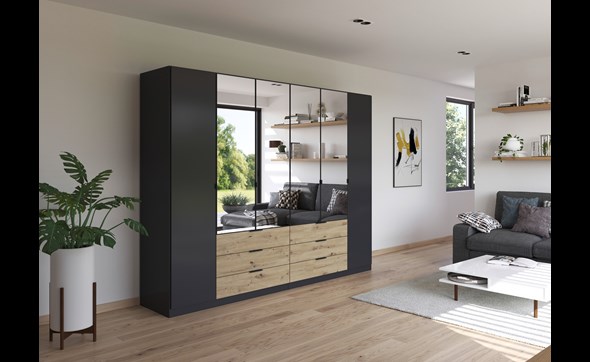 Armoire-2-portes-pleines-4-portes-miroir-6-tiroirs-Davoa-imitation-chene-artisan-gris-metal-5DA9-AG446-Rauch