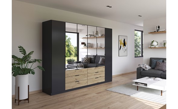 Armoire-2-portes-pleines-4-portes-miroir-6-tiroirs-Davoa-imitation-chene-artisan-gris-metal-5DA9-AG446-Rauch