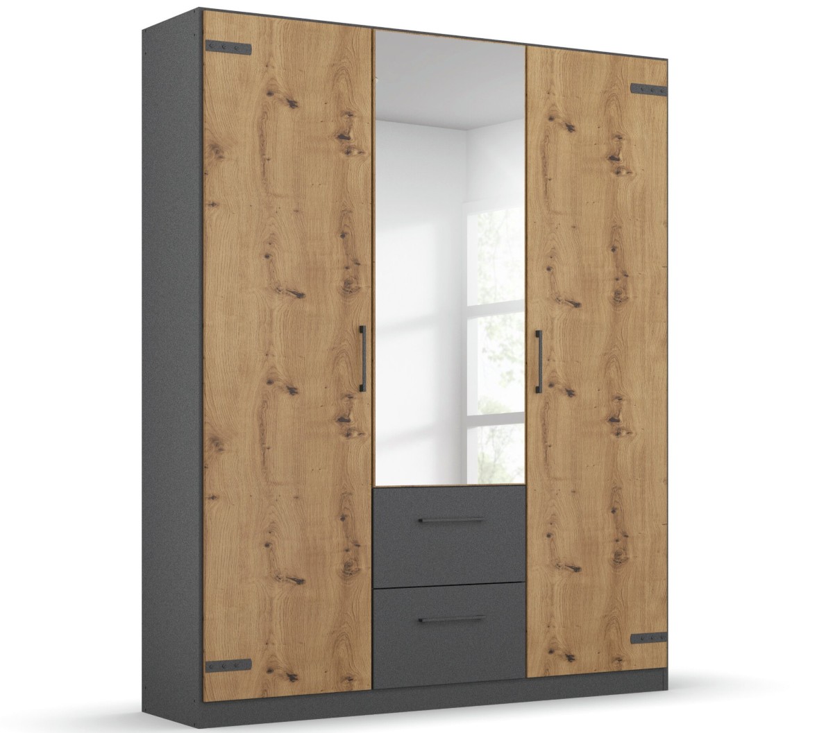 Armoire-3 portes-1 miroir-Butte-decor-chene-artisan-136cm-01-Rauch