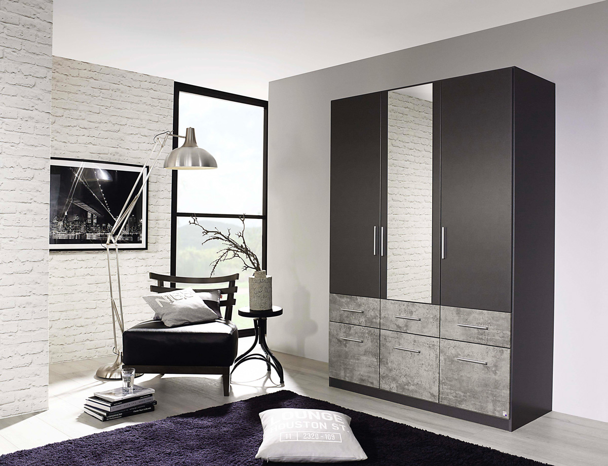 Armoire-3-portes-1-miroir-Lorch-decor-anthracite-gris-beton-AP886r-136cm-Rauch