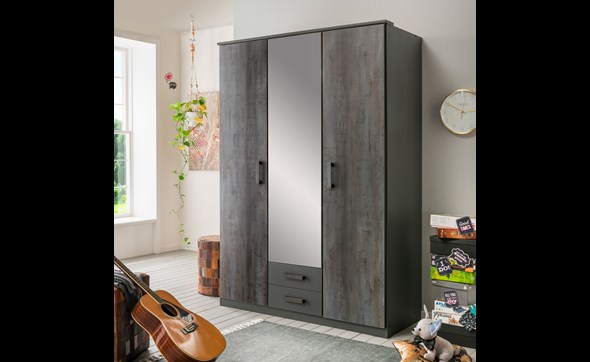 Armoire-3-portes-2-tiroirs-Duisburg-decor-bois-graphite-digisteel-miroir-135cm-T27-484-Wimex