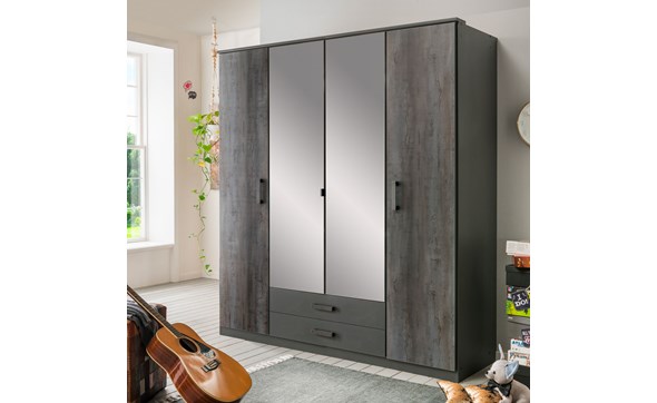 Armoire-4-portes-2-tiroirs-Duisburg-decor-bois-graphite-digisteel-miroir-180cm-T27-453-Wimex