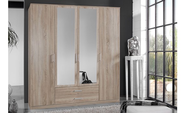 Armoire-4-portes-Osaka-decor-chene-miroir-180cm-Wimex