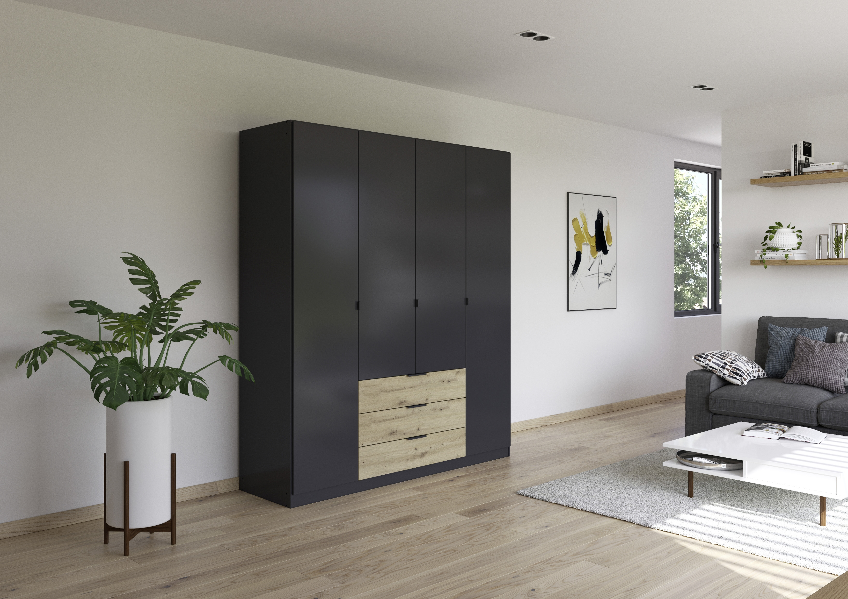 Armoire-4-portes-pleines-3-tiroirs-Davoa-imitation-chene-artisan-gris-metal-4DA8-AG446-Rauch