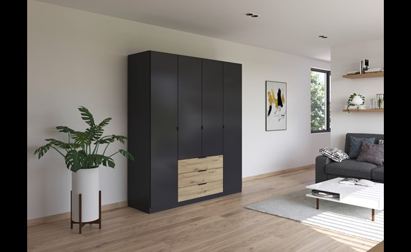 Armoire-4-portes-pleines-3-tiroirs-Davoa-imitation-chene-artisan-gris-metal-4DA8-AG446-Rauch