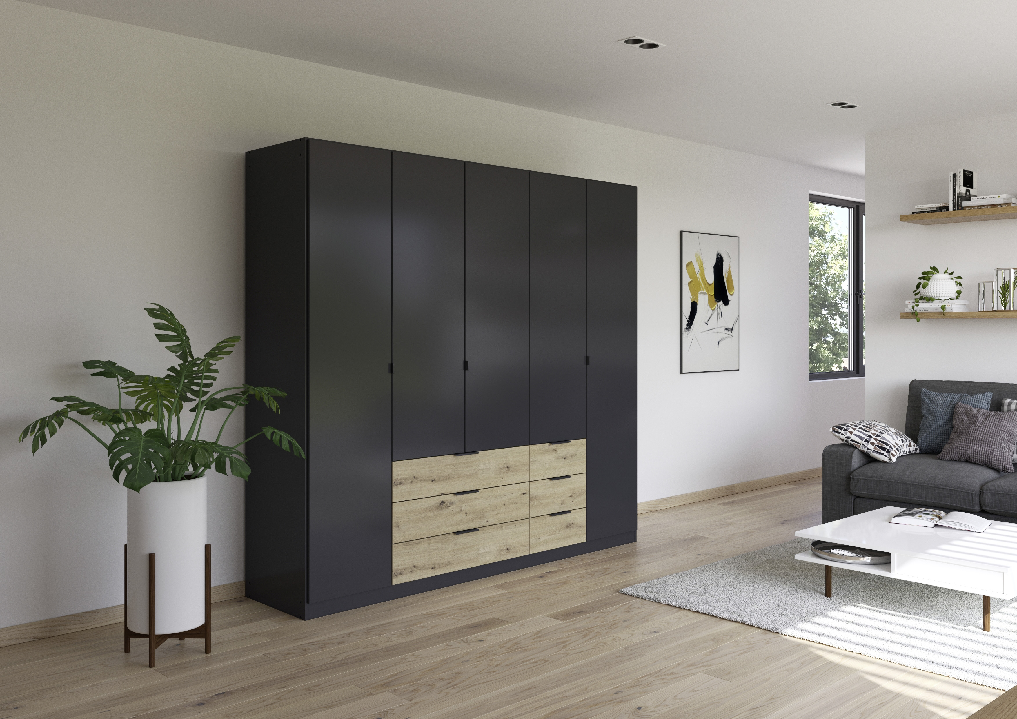 Armoire-5-portes-pleines-6-tiroirs-Davoa-imitation-chene-artisan-gris-metal-0090-AG446-Rauch