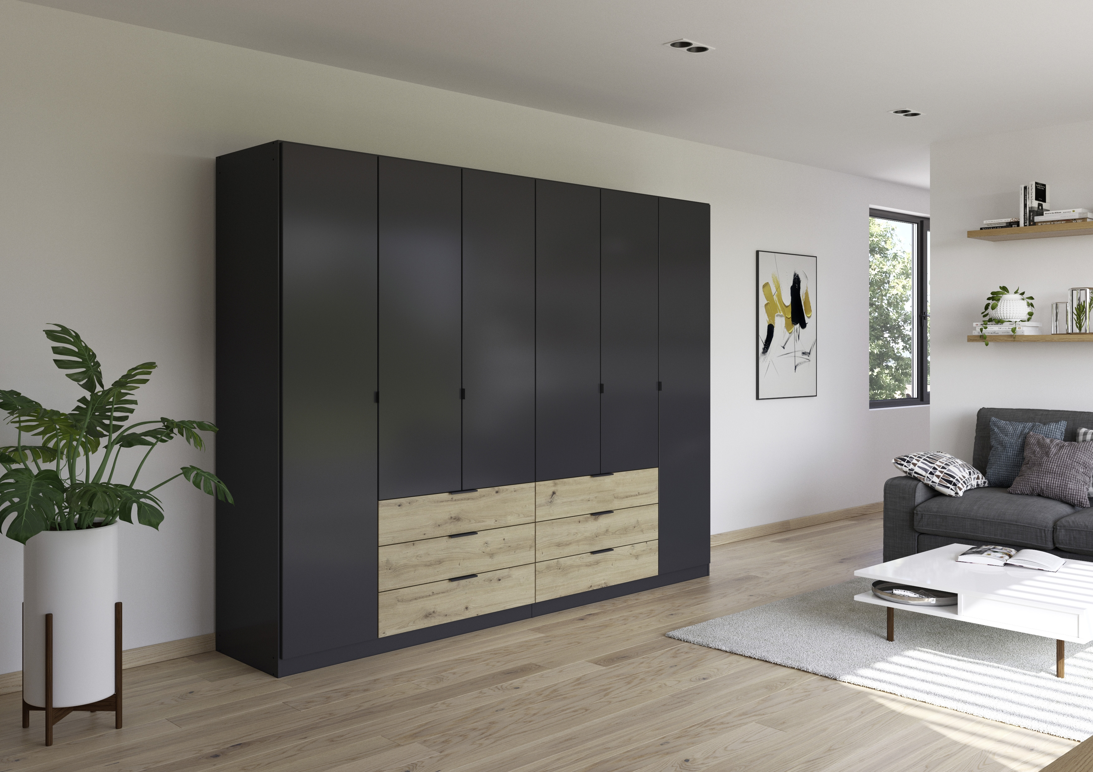 Armoire-6-portes-pleines-6-tiroirs-Davoa-imitation-chene-artisan-gris-metal-4DA9- AG446-Rauch