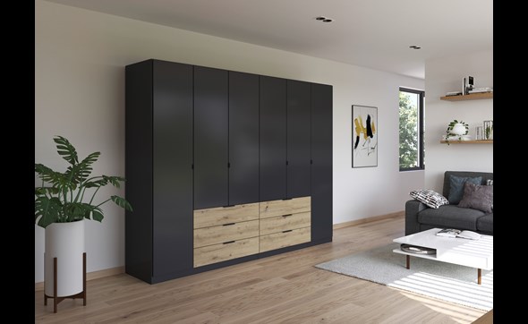 Armoire-6-portes-pleines-6-tiroirs-Davoa-imitation-chene-artisan-gris-metal-4DA9- AG446-Rauch