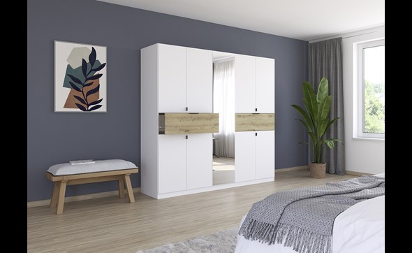 Armoire-8-portes-pleines-1-porte-miroir-2-grands-tiroirs-imitation-chene-artisan-Ticao-57T2-blanc-ambi-Rauch