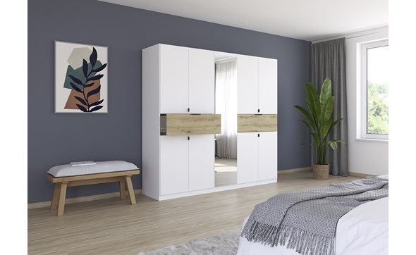 Armoire-8-portes-pleines-1-porte-miroir-2-grands-tiroirs-imitation-chene-artisan-Ticao-57T2-blanc-ambi-Rauch