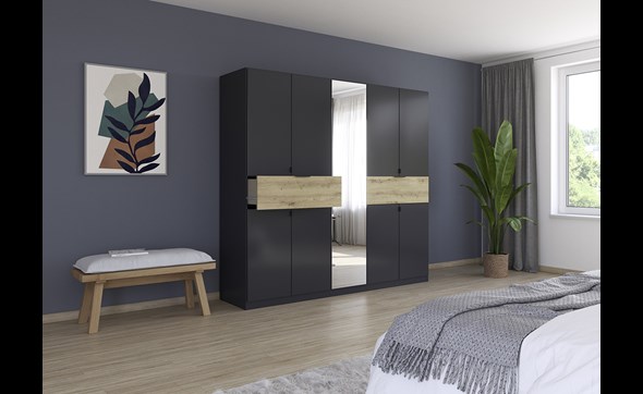 Armoire-8-portes-pleines-1-porte-miroir-2-grands-tiroirs-imitation-chene-artisan-Ticao-57T2-gris-metal-ambi-Rauch