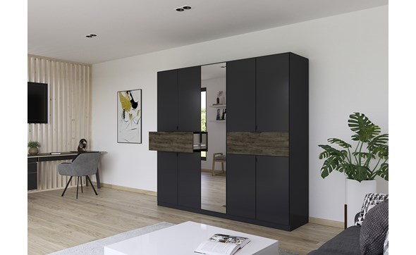 Armoire-8-portes-pleines-1-porte-miroir-2-grands-tiroirs-imitation-chene-atlantic-fonce-57T2-Ticao-gris-metal-ambi-Rauch