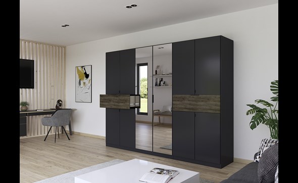 Armoire-8-portes-pleines-2-portes-miroir-2-grands-tiroirs-imitation-57T2-chene-atlantic-fonce-Ticao-gris-metal-ambi-Rauch