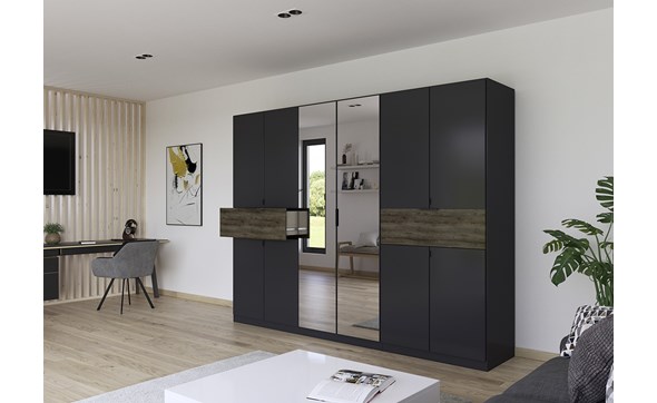 Armoire-8-portes-pleines-2-portes-miroir-2-grands-tiroirs-imitation-57T2-chene-atlantic-fonce-Ticao-gris-metal-ambi-Rauch