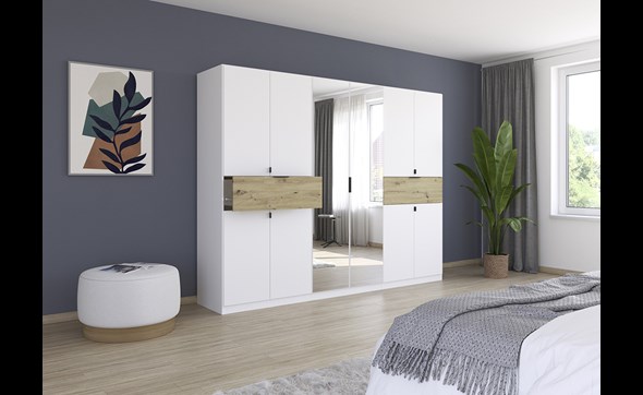 Armoire-8-portes-pleines-2-portes-miroirs-2-grands-tiroirs-imitation-chene-artisan-Ticao-57T2-blanc-ambi-Rauch