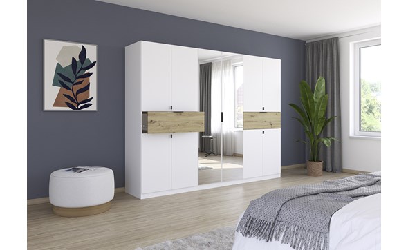 Armoire-8-portes-pleines-2-portes-miroirs-2-grands-tiroirs-imitation-chene-artisan-Ticao-57T2-blanc-ambi-Rauch