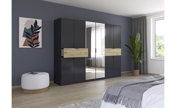 Armoire-8-portes-pleines-2-portes-miroirs-2-grands-tiroirs-imitation-chene-artisan-Ticao-gris-metal-ambi-Rauch