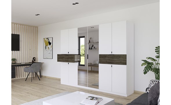 Armoire-8-portes-pleines-2-portes-miroirs-2-grands-tiroirs-imitation-chene-atlantic-fonce-Ticao-blanc-ambi-Rauch