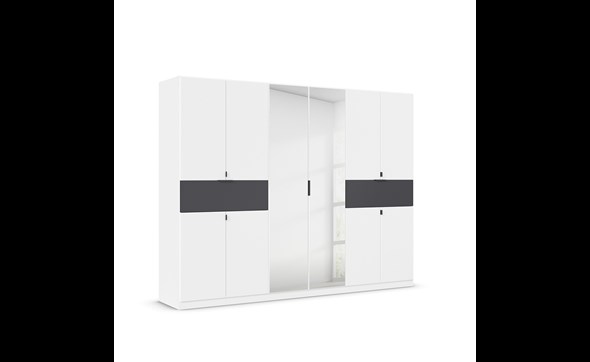 Armoire-8-portes-pleines-2-portes-miroirs-2-grands-tiroirs-imitation-chene-atlantic-fonce-Ticao-blanc-perspective-Rauch