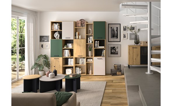 Bibliotheque-A+B+C-6portes-Craft-chene-artisan-gris-vert-Gautier