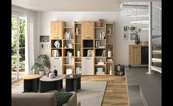 Bibliotheque-B+C-4portes-Craft-chene-artisan-gris-vert-Gautier