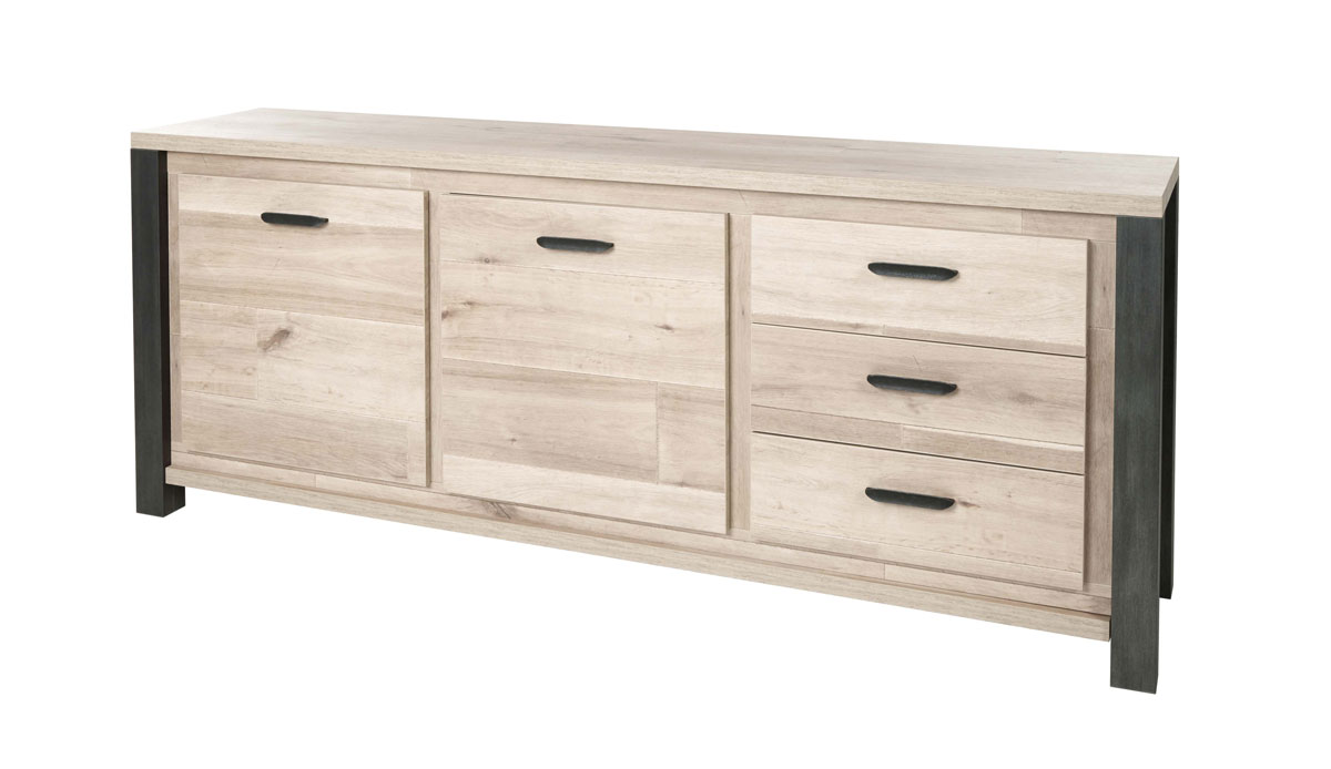 Buffet-2-portes-3-tiroirs-Tomba-decor-bois-chene-vieux-imitation-acier-K497-DR6-222cm-Meubar
