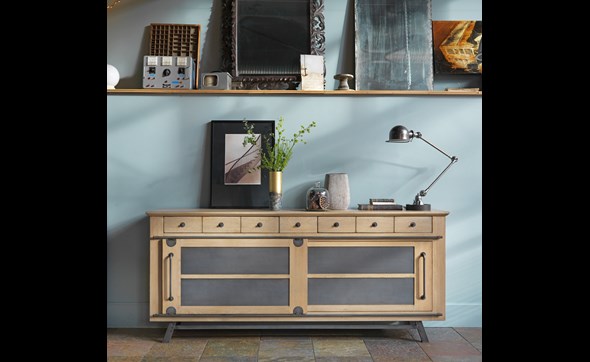 Buffet-2-portes-coullissantes-2-tiroirs-Passerelle-decor-chene-vintage-metal-gris-eiffel-225cm-Artcopie