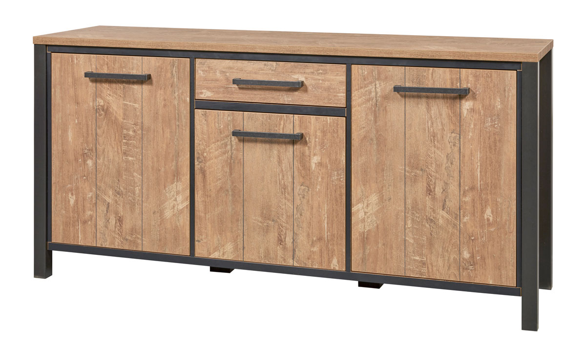 Buffet-3-portes-1-tiroir-Lovina-decor-bois-teak-noir-mat-K661-DR3-DR8-183cm-Meubar