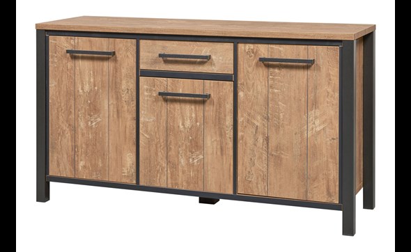 Buffet-3-portes-1-tiroir-Lovina-decor-bois-teak-noir-mat-K661-DR4-DR9-158cm-Meubar