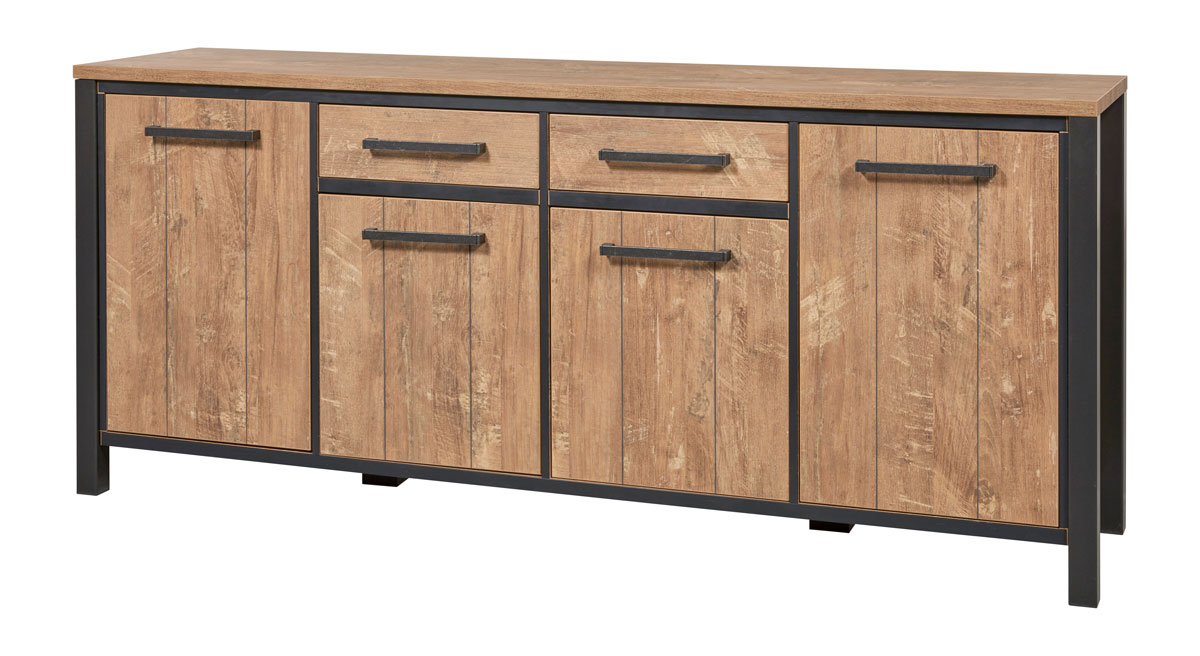 Buffet-4-portes-2-tiroirs-Lovina-decor-bois-teak-noir-mat-K661-DR2-DR7-207cm-Meubar