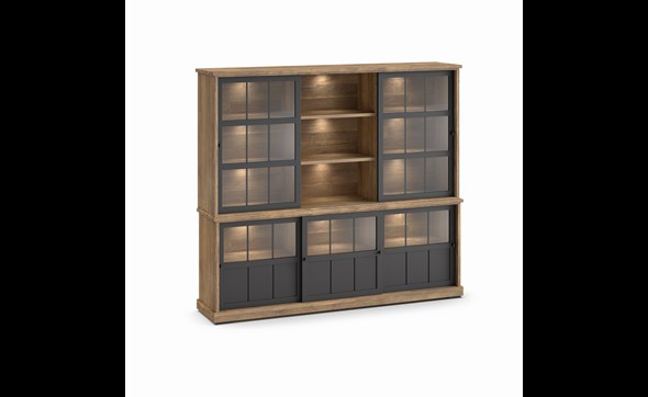 Buffet-Patio-DR1GL-3-portes-vitrees-dessus-buffet-WV6-2-portes-vitrees-3-niches-K674-old-teak-black-front-Evan