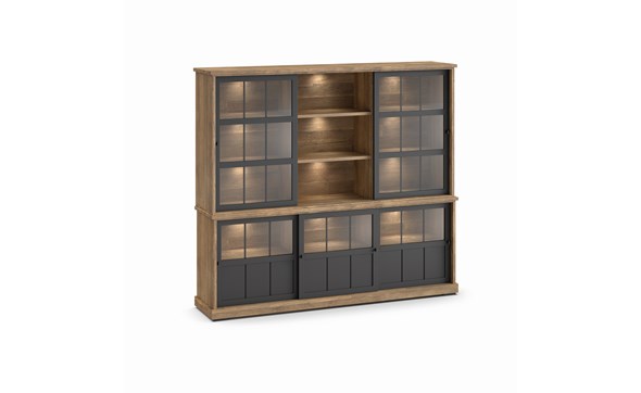 Buffet-Patio-DR1GL-3-portes-vitrees-dessus-buffet-WV6-2-portes-vitrees-3-niches-K674-old-teak-black-front-Evan