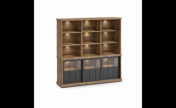 Buffet-Patio-DR2GL-3-portes-vitrees-dessus-buffet-WB7-ouvert-K674-old-teak-black-front-Evan