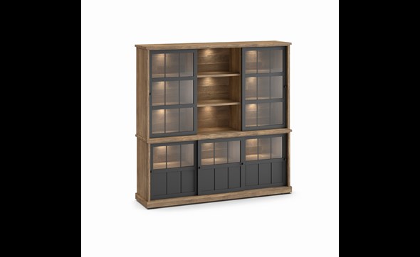 Buffet-Patio-DR2GL-3-portes-vitrees-dessus-buffet-WV7-2-portes-vitrees-3-niches-K674-old-teak-black-front-Evan