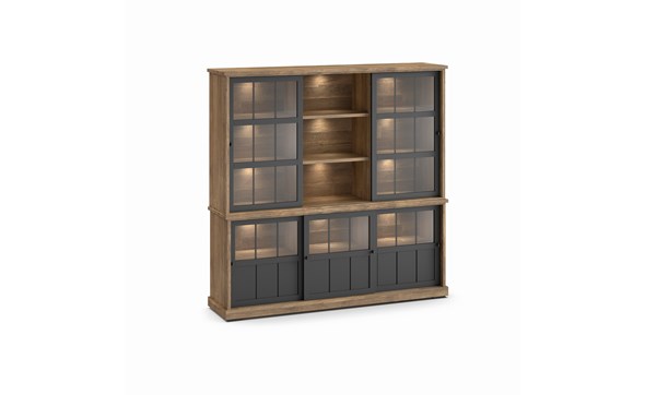 Buffet-Patio-DR2GL-3-portes-vitrees-dessus-buffet-WV7-2-portes-vitrees-3-niches-K674-old-teak-black-front-Evan