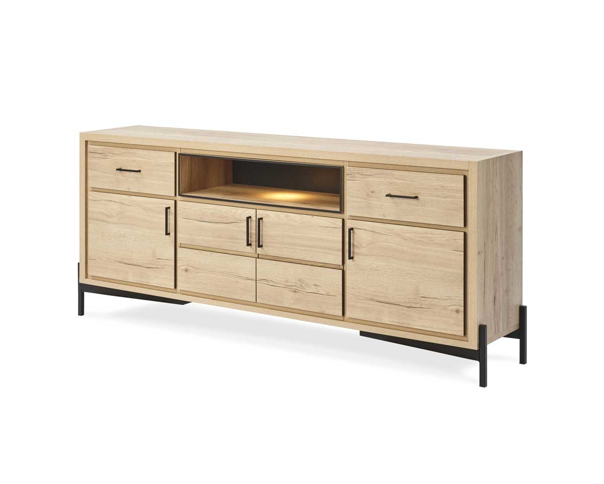 Buffet-Pontura-4p-1-niche-2-tiroirs-melamine-chene-Halifax-01-Comodi-Living