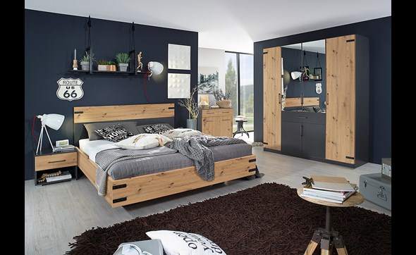 Chambre-Nevada-lit-160x200-2-chevets-armoire-6-portes-2-miroirs-1-tiroir-commode-2-portes-2-tiroirs-decor-chene-artisan-Rauch